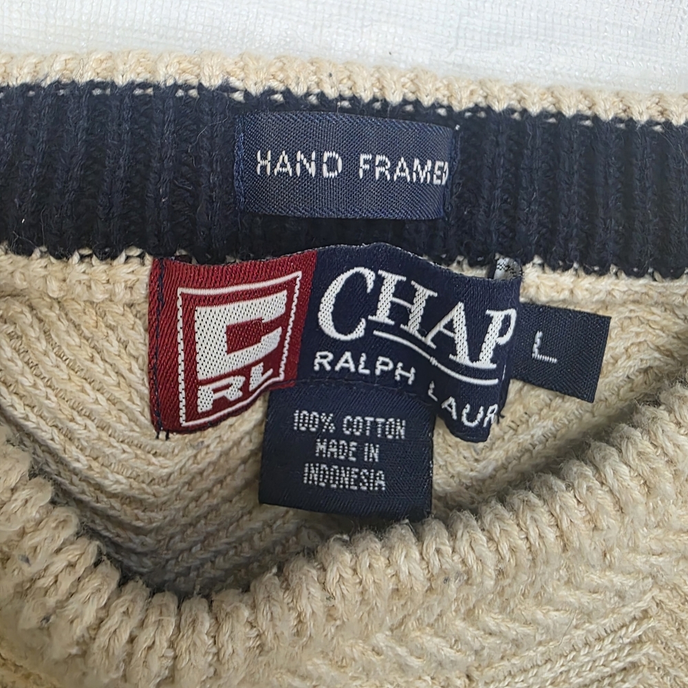 Vintage Chaps Ralph Lauren Sweater Men’s Large Beige Cream Cotton Knit Crewneck - Picture 6 of 6